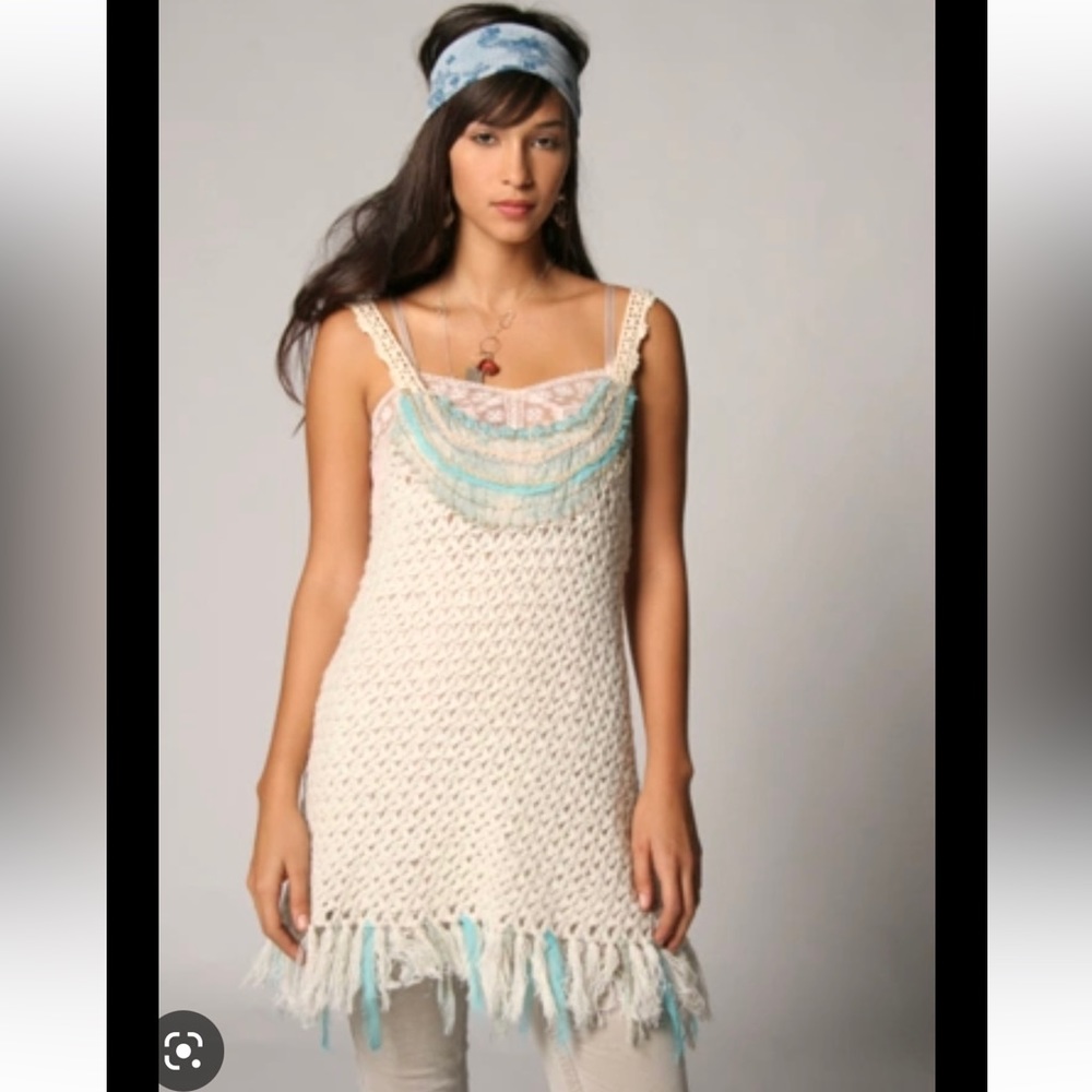 Free People Fringe Crochet Tunic Sweater Dress